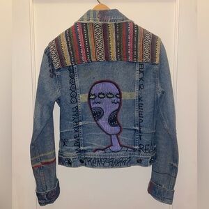 Free People Hand Made Jean Jacket in Mid Wash with Bohemian Edgy Design Size 4